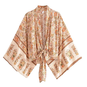 Happie Queens Floral Print Sashes Short  Kimono Women Fashion V Neck Batwing Sleeves Robe Lady Boho Bikini Cover-ups