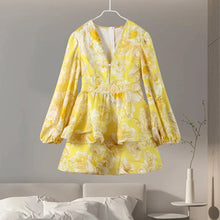 Load image into Gallery viewer, Elegant Print Ruffles Mini Dress Women Deep V Neck Long Sleeves A Line Dresses Female 2025 Spring New Fashion Fluffy Robe Lady