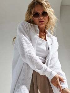 Bornladies 2025 Women's Spring Summer 100% Cotton Shirts Office Lady  Fashionable Solid Lady Long Sleeve Loose Tops Crepe Shirts