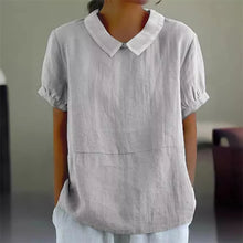 Load image into Gallery viewer, Solid Color Cotton Linen Lapel Pullover Shirt Women Summer Short Sleeve Blouse Female Comfortable Casual Simple Style Tops 2024
