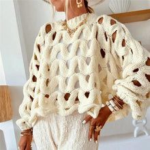 Load image into Gallery viewer, Sexy Hollow Out Long Sleeved Knitted Sweater Summer Beach O-neck Crochet Pullover Casual Solid Color Women's Loose Top Blouses