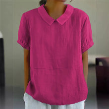 Load image into Gallery viewer, Solid Color Cotton Linen Lapel Pullover Shirt Women Summer Short Sleeve Blouse Female Comfortable Casual Simple Style Tops 2024