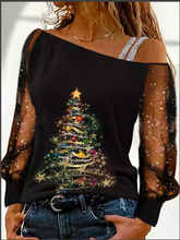 Load image into Gallery viewer, Silver Shoulder Strap Transparent Sleeves Sequins Blouse Women&#39;s Sexy T-shirt Christmas Tree Printed Long Sleeved Top