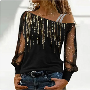 Silver Shoulder Strap Transparent Sleeves Sequins Blouse Women's Sexy T-shirt Christmas Tree Printed Long Sleeved Top