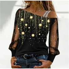 Load image into Gallery viewer, Silver Shoulder Strap Transparent Sleeves Sequins Blouse Women&#39;s Sexy T-shirt Christmas Tree Printed Long Sleeved Top