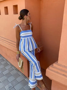 Summer Casual Contrasting Striped Sling Top Pants Suits Chic Sleeveless Backless Lace Up Tops Wide Legs Pants Set For Women