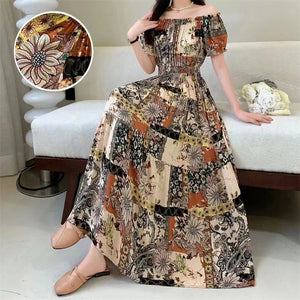 Summer Woman Clothing Loose Bohemian Floral Cotton Beach Korean Style Off-Shoulder Print Casual Vintage Vestidos Robe Maxi Dress