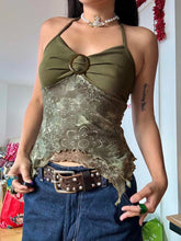 Load image into Gallery viewer, Sweetown Retro Forest Green Vintage Print Boho Y2K Camisole Backless Halter Tie Asymmetrical Tops Women Summer Vacation Clothing