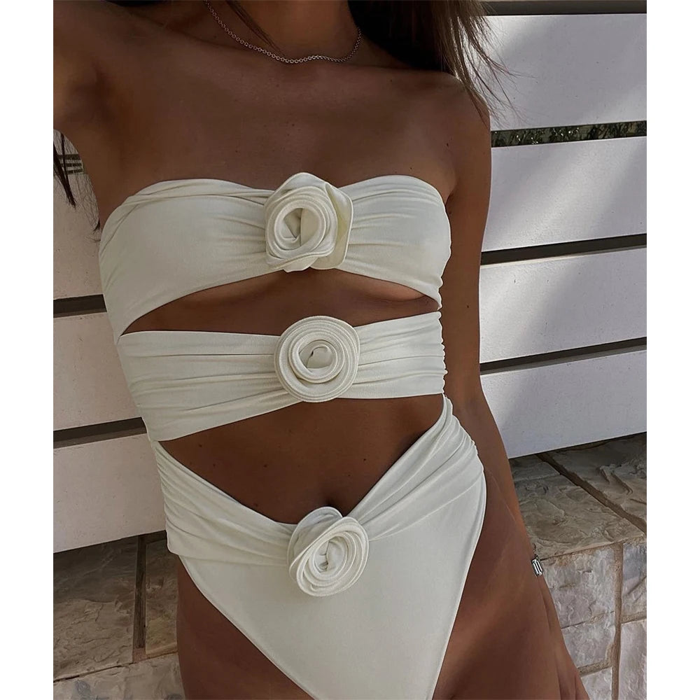 Two-Pieces Women Floral Lace Up 2024 Push-Up Padded Bra White Swimsuit Swimwear Bathing Suit Beachwear Monokini Female