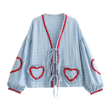 Load image into Gallery viewer, Vintage Women Loose Heart Pockets Shirts 2024 Fashion Ladies Casual V Neck Bow Buttons Blouses for Female Chic Tops Clothes