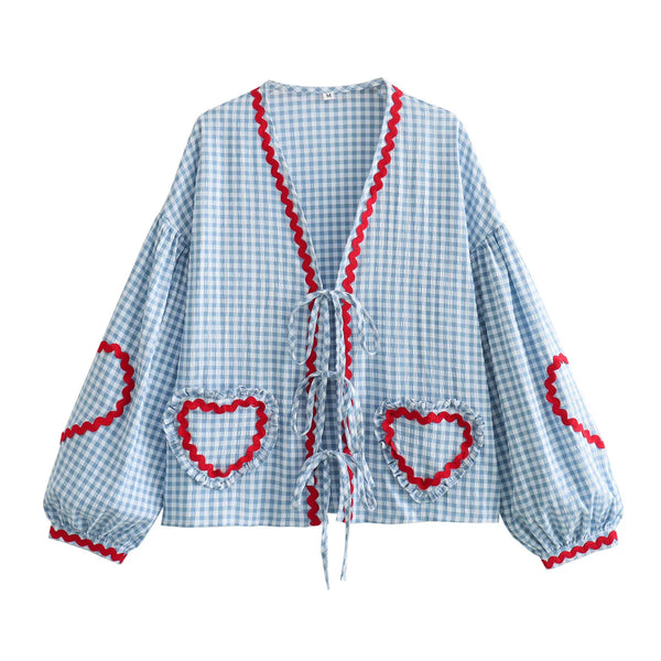 Vintage Women Loose Heart Pockets Shirts 2024 Fashion Ladies Casual V Neck Bow Buttons Blouses for Female Chic Tops Clothes