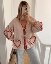 Load image into Gallery viewer, Vintage Women Loose Heart Pockets Shirts 2024 Fashion Ladies Casual V Neck Bow Buttons Blouses for Female Chic Tops Clothes