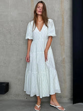 Load image into Gallery viewer, Vintage Women&#39;s Cotton Dress 100% V Neck Elegant White Floral Print Dress Midi Long Puff Sleeve Casual Summer Dresses for Women