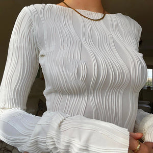 Woman Fashion Casual Ruched Long Sleeve T-shirt Blouses Female White Skinny Cropped Bottoming Shirt Autumn Y2K Top Clothes