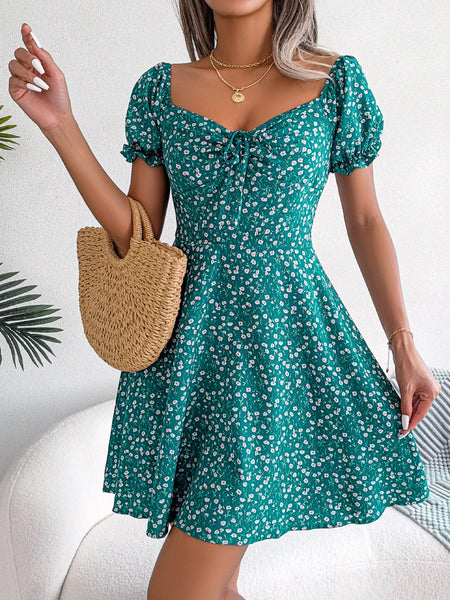 Women Casual Ruffles Short Sleeve Floral Print A Line Dress