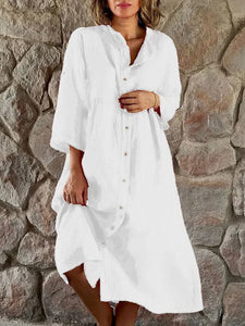 Women Causal Cotton Linen Dress Fashion Loose Button Up Long Sleeve Shirt Dresses Vintage Solid Beach Party Midi Dress Robe