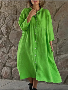 Women Causal Cotton Linen Dress Fashion Loose Button Up Long Sleeve Shirt Dresses Vintage Solid Beach Party Midi Dress Robe