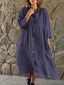 Women Causal Cotton Linen Dress Fashion Loose Button Up Long Sleeve Shirt Dresses Vintage Solid Beach Party Midi Dress Robe