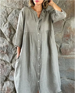 Women Causal Cotton Linen Dress Fashion Loose Button Up Long Sleeve Shirt Dresses Vintage Solid Beach Party Midi Dress Robe