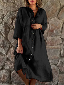 Women Causal Cotton Linen Dress Fashion Loose Button Up Long Sleeve Shirt Dresses Vintage Solid Beach Party Midi Dress Robe