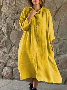 Women Causal Cotton Linen Dress Fashion Loose Button Up Long Sleeve Shirt Dresses Vintage Solid Beach Party Midi Dress Robe