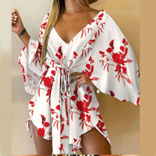 Load image into Gallery viewer, Women Print Dress Sexy V-Neck Bat Sleeve Ruffl Flowers Print Bohemian Beach Sundress Ladies Loose Summer Vacation Mini Dresses