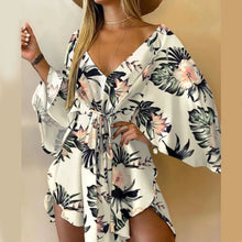 Load image into Gallery viewer, Women Print Dress Sexy V-Neck Bat Sleeve Ruffl Flowers Print Bohemian Beach Sundress Ladies Loose Summer Vacation Mini Dresses