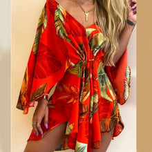 Load image into Gallery viewer, Women Print Dress Sexy V-Neck Bat Sleeve Ruffl Flowers Print Bohemian Beach Sundress Ladies Loose Summer Vacation Mini Dresses