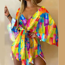 Load image into Gallery viewer, Women Print Dress Sexy V-Neck Bat Sleeve Ruffl Flowers Print Bohemian Beach Sundress Ladies Loose Summer Vacation Mini Dresses