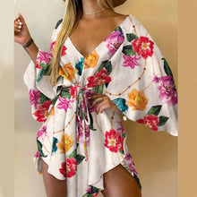 Load image into Gallery viewer, Women Print Dress Sexy V-Neck Bat Sleeve Ruffl Flowers Print Bohemian Beach Sundress Ladies Loose Summer Vacation Mini Dresses