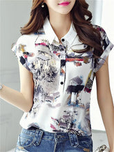 Load image into Gallery viewer, Women Spring Summer Style Chiffon Blouses Shirt Lady Casual Short Sleeve Turn-down Collar Printed Casual Loose Tops DF3548