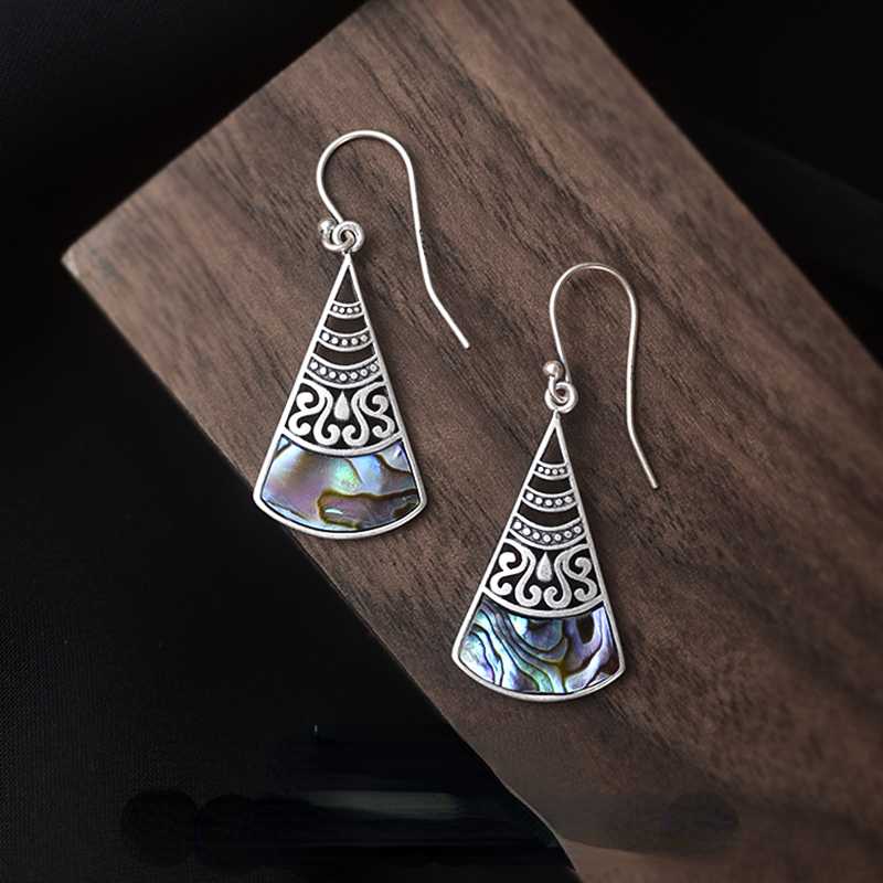 Sterling Silver Ethnic Style Earrings Openwork Pattern Fashion Shell Earrings Vintage Tibetan Style