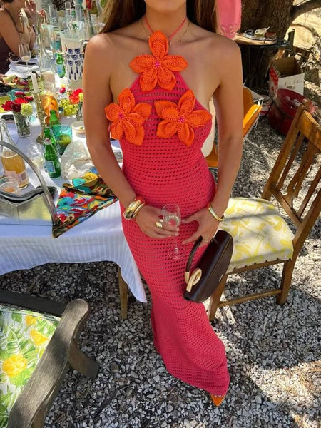 Sexy Crochet Hollow Out Long Halter Dress Women 3D Flower Backless Sleeveless Beach Dresses 2025 Summer Lady Vacation Robes New