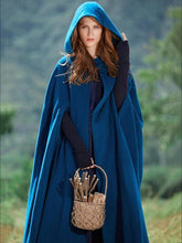 Load image into Gallery viewer, Blue Hooded Cloak Trench Cape Outwear