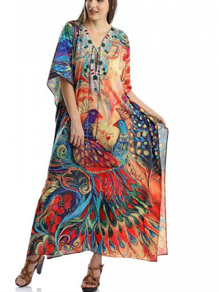 Peacock Orientation Print Beach Dress Holiday Long Dress Bikini Blouse