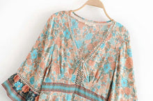 Load image into Gallery viewer, Boho Floral Print V-Neck Summer Flare Sleeve Hippie Beach Mini Dress