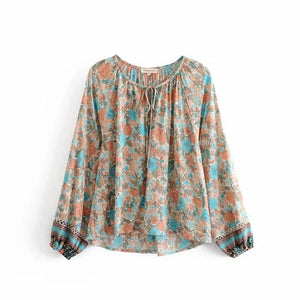 Spring New Bohemian Vintage Lace Print Cutout Long Sleeve Shirt Top