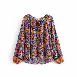Spring New Bohemian Vintage Lace Print Cutout Long Sleeve Shirt Top