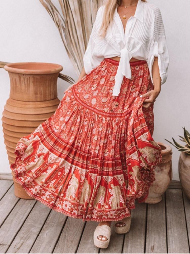 Red Vintage Floral Beach Holiday Skirt
