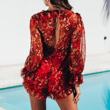 Load image into Gallery viewer, Fashion Red Printed V neck Lantern Long Sleeve Jumpsuits Romper