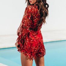 Load image into Gallery viewer, Fashion Red Printed V neck Lantern Long Sleeve Jumpsuits Romper