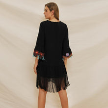 Load image into Gallery viewer, The suzucial stitched V-neck horn sleeve national embroidered bohmian dress.