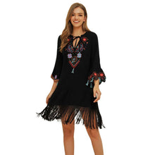 Load image into Gallery viewer, The suzucial stitched V-neck horn sleeve national embroidered bohmian dress.