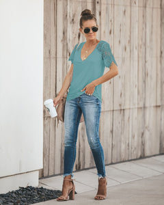 Sexy V-neck Lace Stitch Short-sleeved T-shirt top