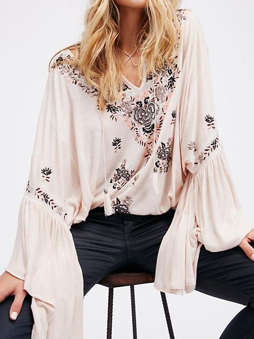 4 Color Embroidery tassel V-neck cotton embroidery sleeves shirt jacket