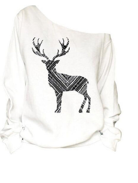 Chrismas Sweatshirts Women Print Elk Hoodies Sportwear Pullover Sweatshirt Xmas Long Sleeve Off Shoulder Blouse Tops 2017