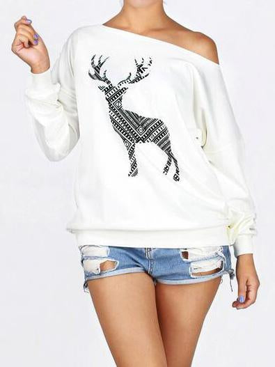 Chrismas Sweatshirts Women Print Elk Hoodies Sportwear Pullover Sweatshirt Xmas Long Sleeve Off Shoulder Blouse Tops 2017