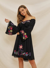 Load image into Gallery viewer, Women&#39;s holiday dress embroidered off shoulder lace stitched flare sleeve bohemian dress