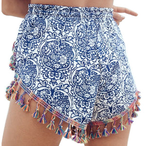 Bohemian Lace Tassel Blue and White Porcelain Print Shorts Summer Beach Hot Pants