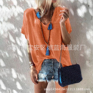 Summer Candy-colored Large Size Loose V Neck Short-sleeved T-shirt Female